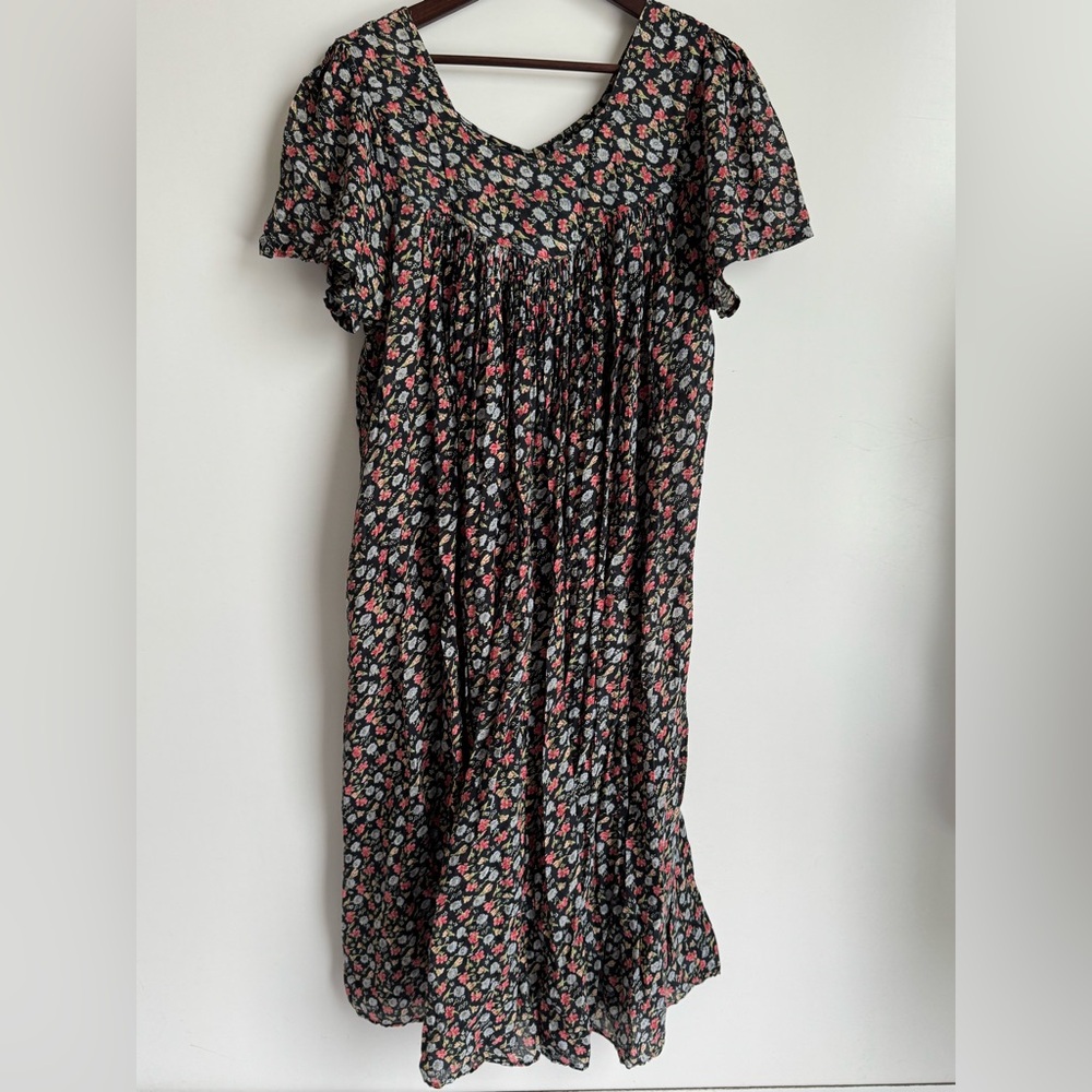 Sita Maxi Dress Women Large Nepal 100%‎ Cotton black floral pink loose flowy